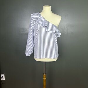 J. Crew Blue and White Striped One-Shoulder Ruffle Blouse